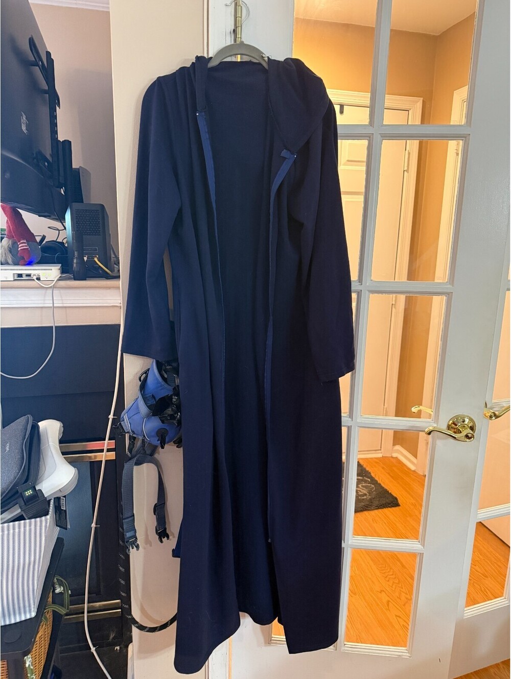 Navy Blue Hooded Fleece Robe Full Length Long Sleeve Unisex Zipper Missing